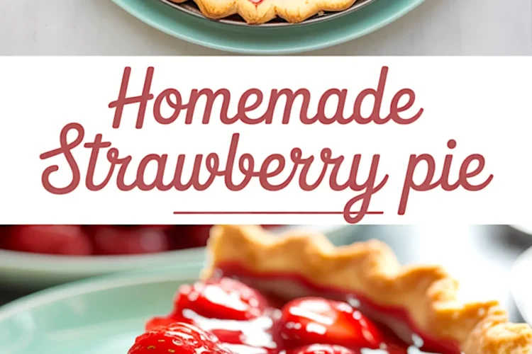 Vertical collage featuring a top view of a glossy strawberry pie in a baked crust on a turquoise plate and a slice of the pie served on a matching plate, with vibrant red strawberries and text overlay reading “Homemade Strawberry Pie.”