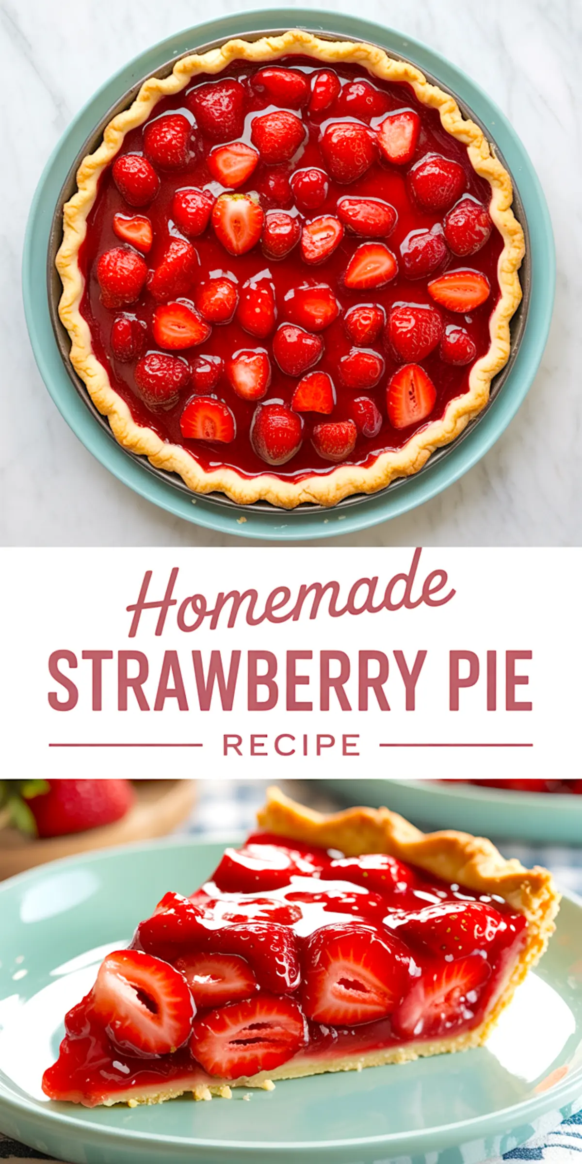 Vertical collage showing a whole strawberry pie with a golden crust and glossy red strawberry glaze on top, paired with a close-up of a single slice revealing fresh strawberry layers, with the text “Homemade Strawberry Pie Recipe.”