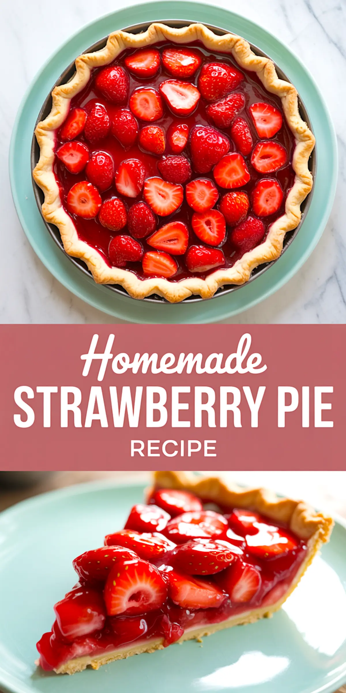 Vertical collage showing a top view of a glazed strawberry pie and a close-up of a slice with juicy strawberries on a turquoise plate, featuring a “Homemade Strawberry Pie Recipe” text banner in the middle.