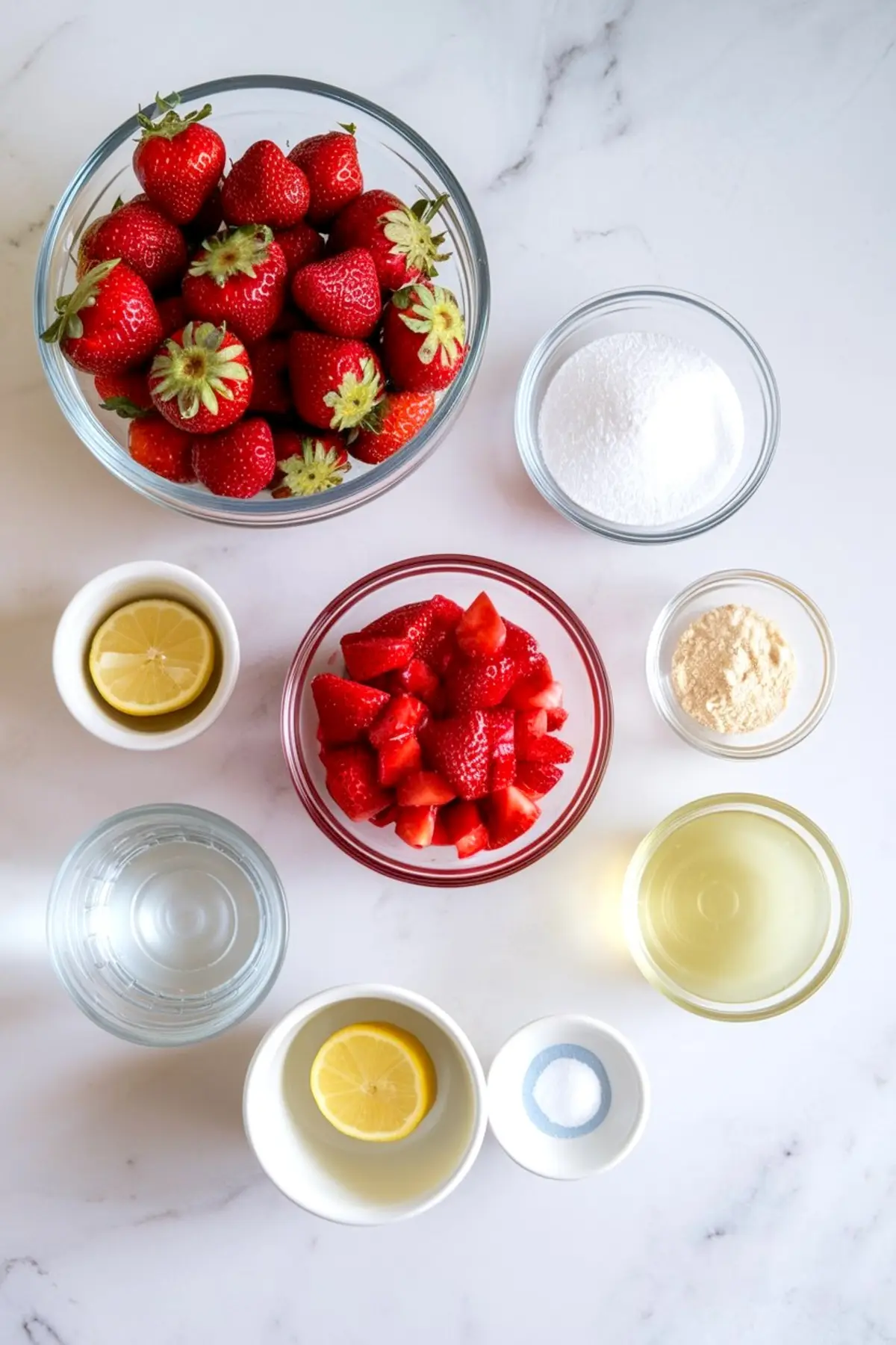 Overhead view of fresh strawberry pie ingredients on a marble surface, including whole and chopped strawberries, granulated sugar, lemon slices, lemon juice, water, cornstarch, and strawberry gelatin powder in glass bowls.