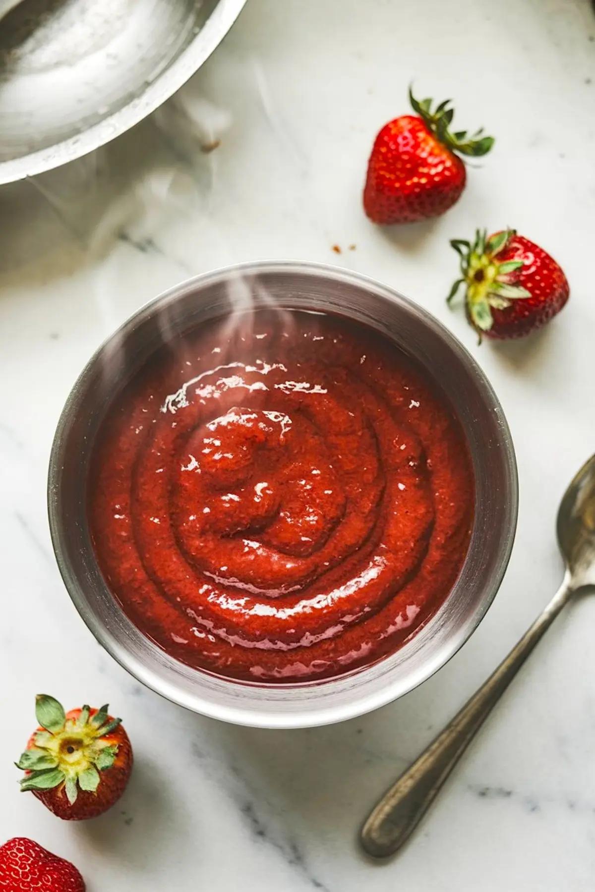 Close-up of hot, steaming homemade strawberry pie filling in a metal bowl, with fresh strawberries and a spoon resting on a white marble surface.