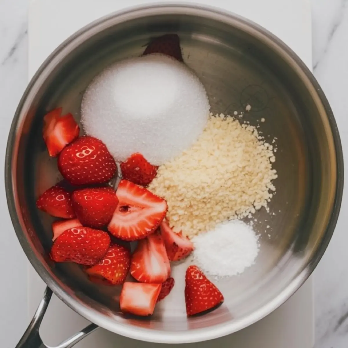 Overhead view of chopped strawberries, sugar, cornstarch, and gelatin powder in a stainless steel saucepan, showing the beginning steps for making strawberry pie filling.