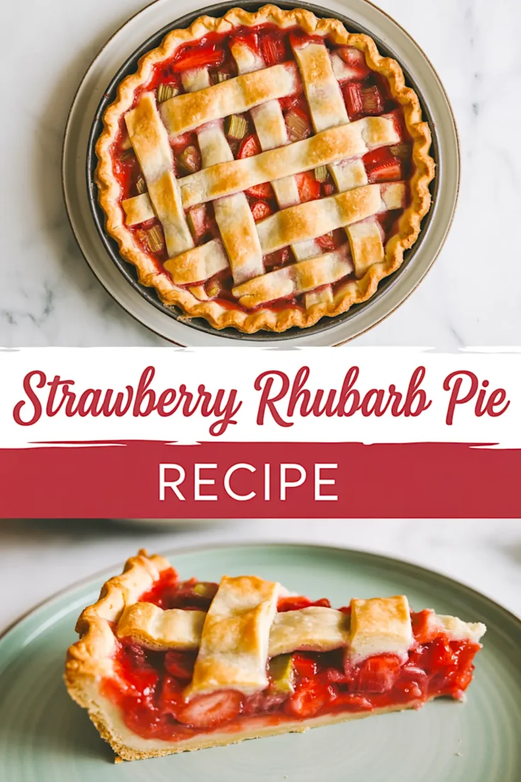 Collage image showing a whole baked strawberry rhubarb pie with a golden lattice crust on top and a close-up slice on a green plate revealing the juicy filling.