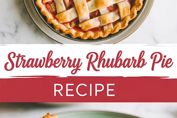 Collage image showing a whole baked strawberry rhubarb pie with a golden lattice crust on top and a close-up slice on a green plate revealing the juicy filling.
