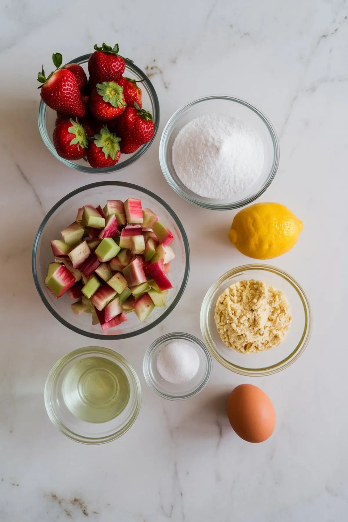 Overhead view of individual baking ingredients for a strawberry rhubarb pie on a white marble surface, including fresh strawberries, chopped rhubarb, granulated sugar, lemon, egg, flour, oil, and almond meal in glass bowls.