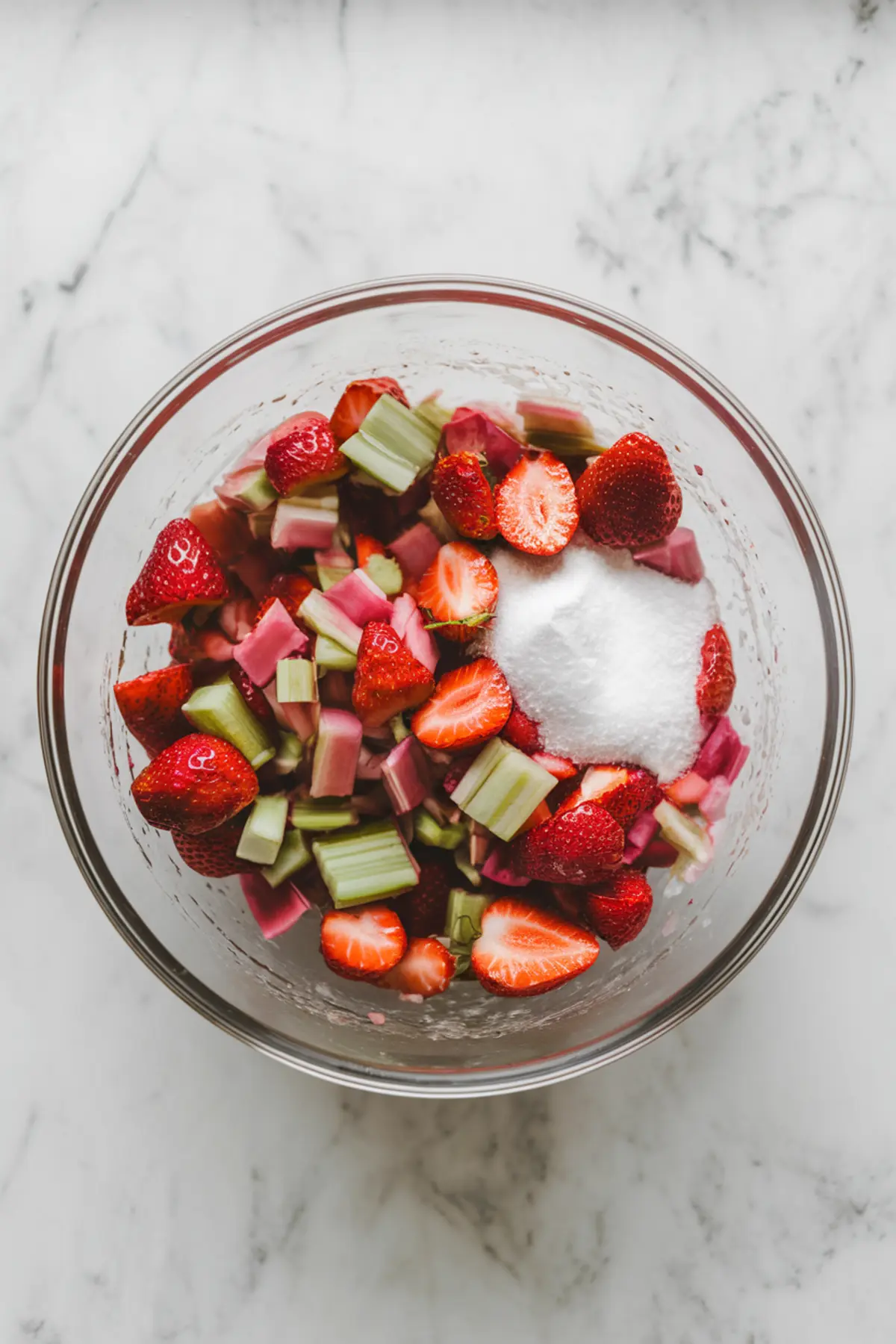 Top-down view of a glass mixing bowl with halved strawberries, chopped rhubarb, and granulated sugar, showcasing fresh pie filling preparation for a strawberry rhubarb dessert.