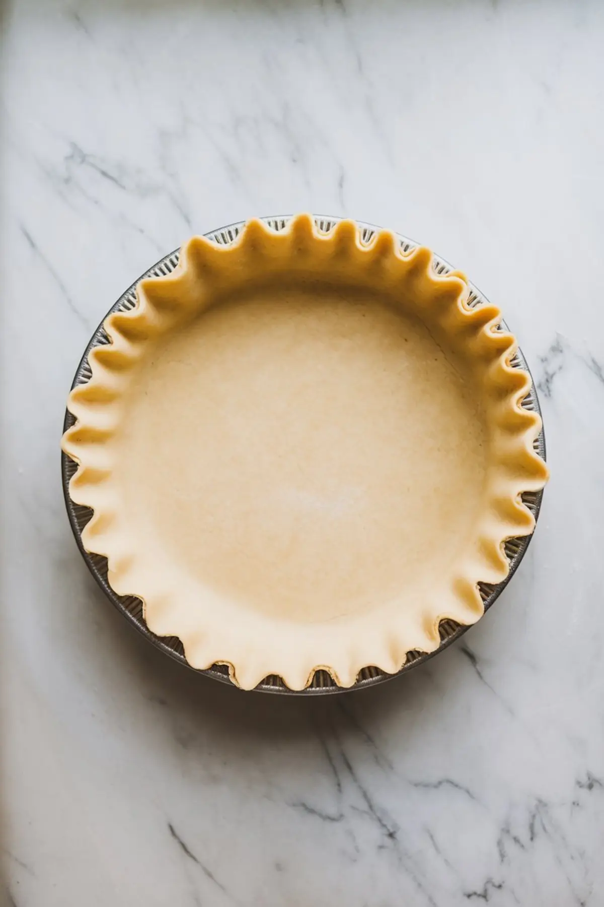 Empty pie crust with fluted edges placed in a metal pie dish, resting on a white marble surface, ready for homemade pie filling.