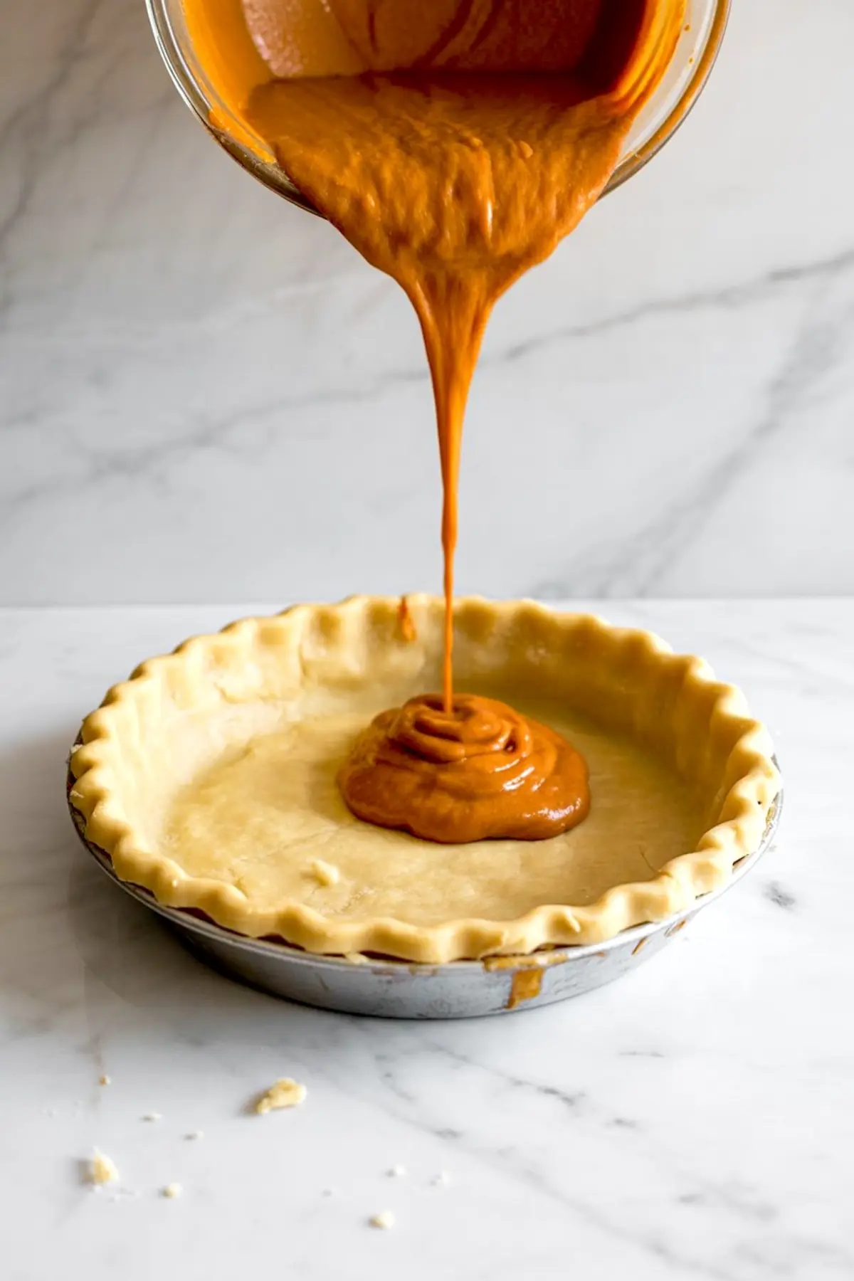 Thick sweet potato pie mixture being poured into an unbaked pie crust, highlighting the smooth, orange filling against a flaky raw crust.