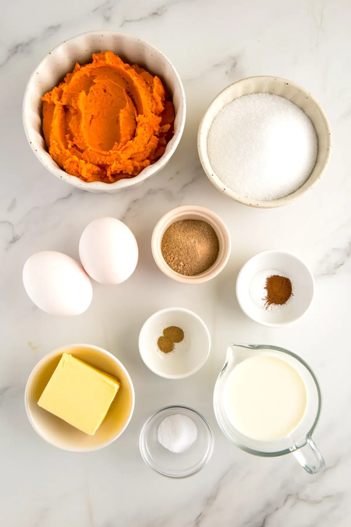 Overhead view of measured ingredients for sweet potato pie, including mashed sweet potatoes, granulated sugar, brown sugar, eggs, milk, butter, cinnamon, nutmeg, and salt.