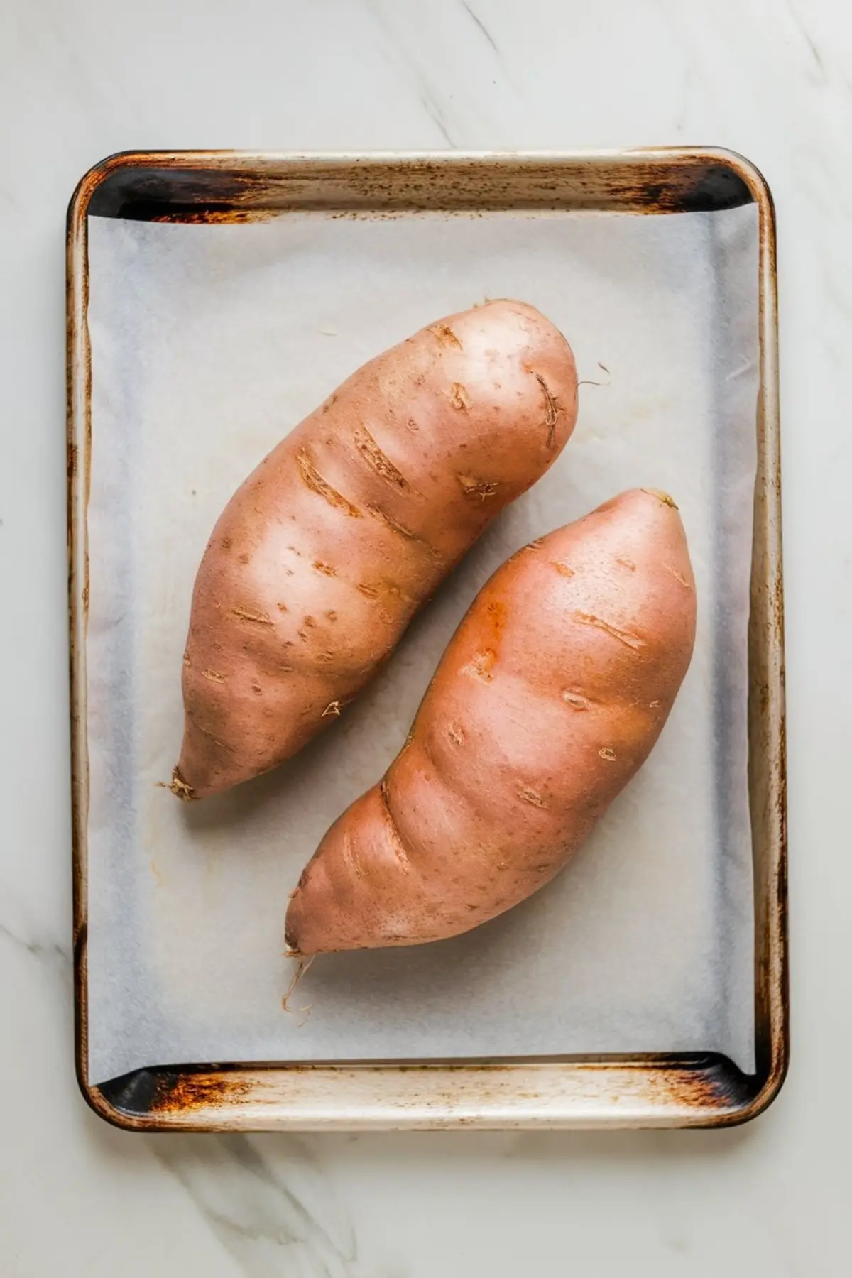 Two raw sweet potatoes placed side-by-side on a parchment-lined baking sheet, ready to be roasted for homemade pie preparation.