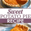 Collage featuring a sweet potato pie with one slice missing and a close-up of a slice on a blue plate, framed by a “Sweet Potato Pie Recipe” label in the center.