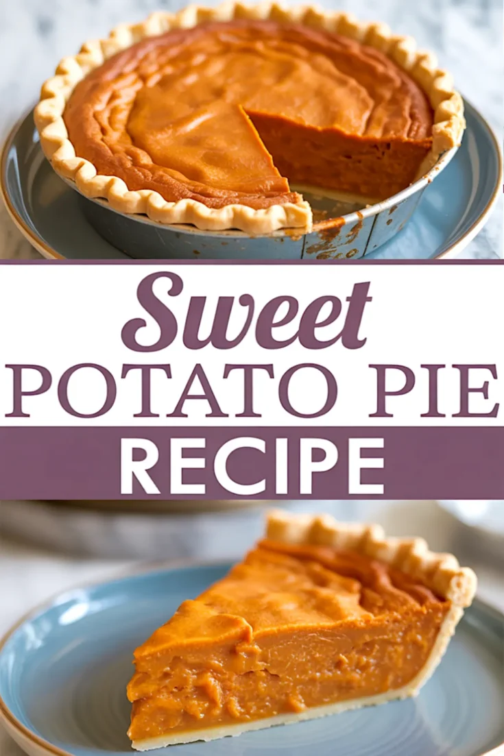 Collage featuring a sweet potato pie with one slice missing and a close-up of a slice on a blue plate, framed by a “Sweet Potato Pie Recipe” label in the center.