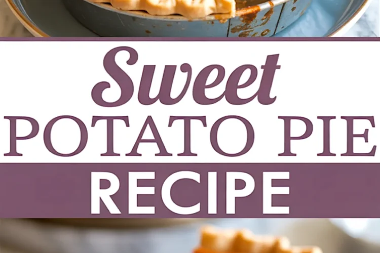 Collage featuring a sweet potato pie with one slice missing and a close-up of a slice on a blue plate, framed by a “Sweet Potato Pie Recipe” label in the center.