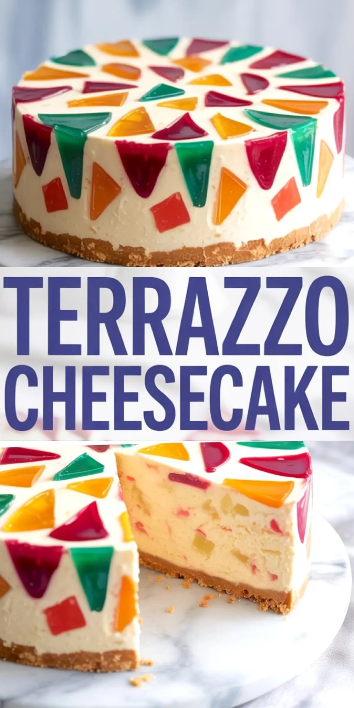 No-bake terrazzo cheesecake with a buttery graham cracker crust, decorated with colorful jelly shards in triangle and geometric shapes across the top and sides. This vibrant dessert showcases modern cheesecake decoration design with a cut slice revealing creamy filling dotted with fruit chunks. Ideal for fancy cheesecake presentation, terrazzo cake trends, and creative cheesecake ideas.
