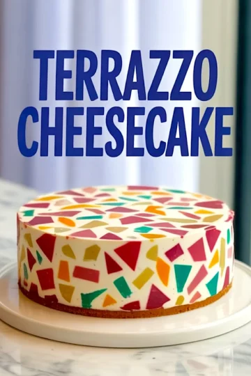 Whole terrazzo cheesecake featuring a smooth cream cheese base layered with multicolored jelly pieces embedded across the entire surface and sides. The polished marble pattern adds a Japanese cheesecake decoration touch, fitting for cheesecake design ideas and modern dessert plating inspiration.