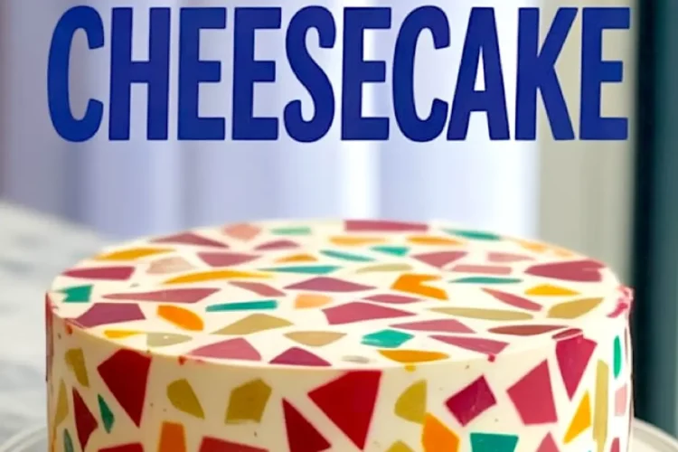 Whole terrazzo cheesecake featuring a smooth cream cheese base layered with multicolored jelly pieces embedded across the entire surface and sides. The polished marble pattern adds a Japanese cheesecake decoration touch, fitting for cheesecake design ideas and modern dessert plating inspiration.