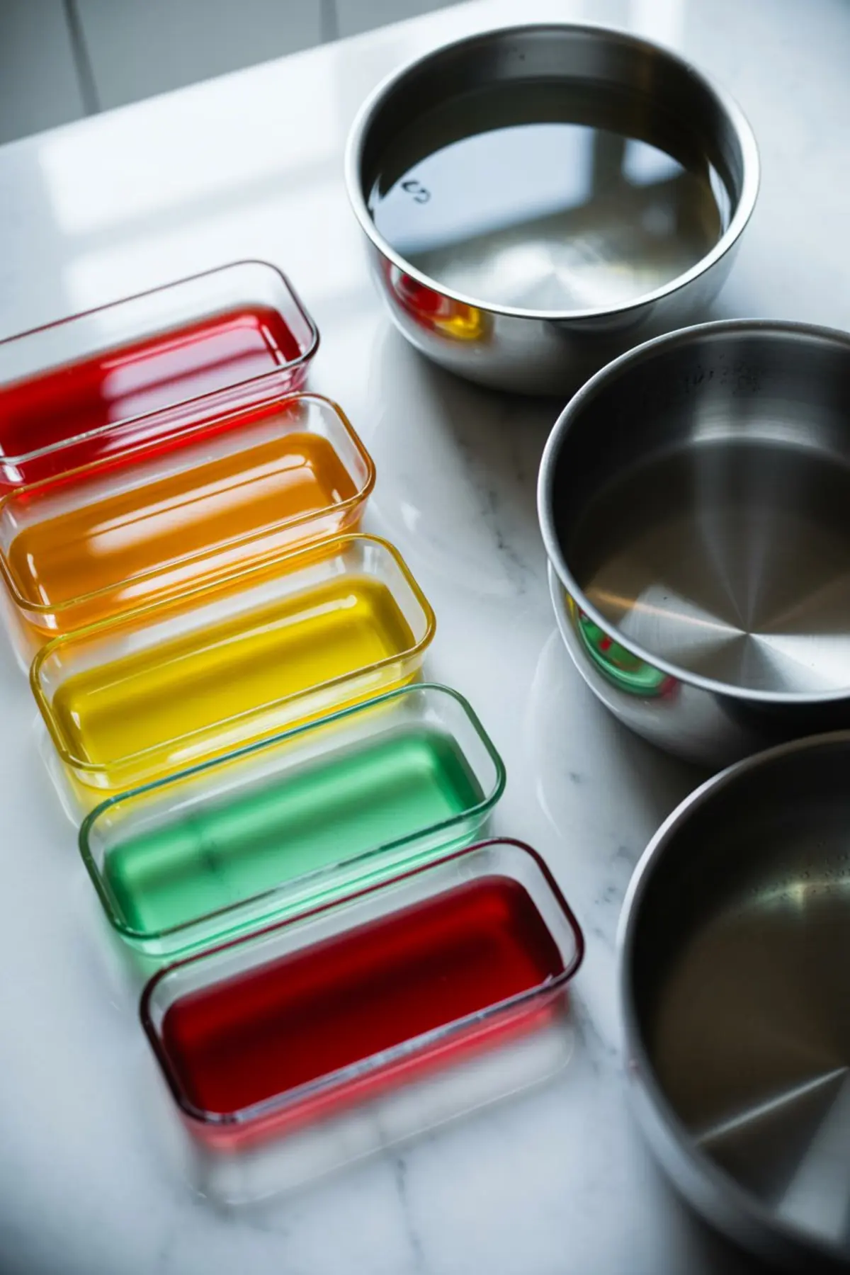 Preparation stage with five rectangular glass containers holding red, orange, yellow, green, and dark red jelly mixtures on a white countertop. Metal bowls with clear liquid sit beside them, showing ingredient prep for colorful terrazzo cheesecake decoration. Useful for creative cheesecake ideas and DIY terrazzo cake aesthetics.
