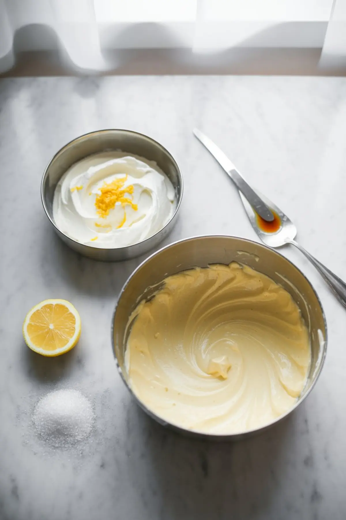 Two metal bowls with whipped cream and cream cheese filling, lemon zest, sugar, and vanilla extract displayed on a marble surface. The soft texture and natural lighting reflect a cheesecake aesthetic, suitable for plating ideas and smooth filling preparation for fancy cheesecake.
