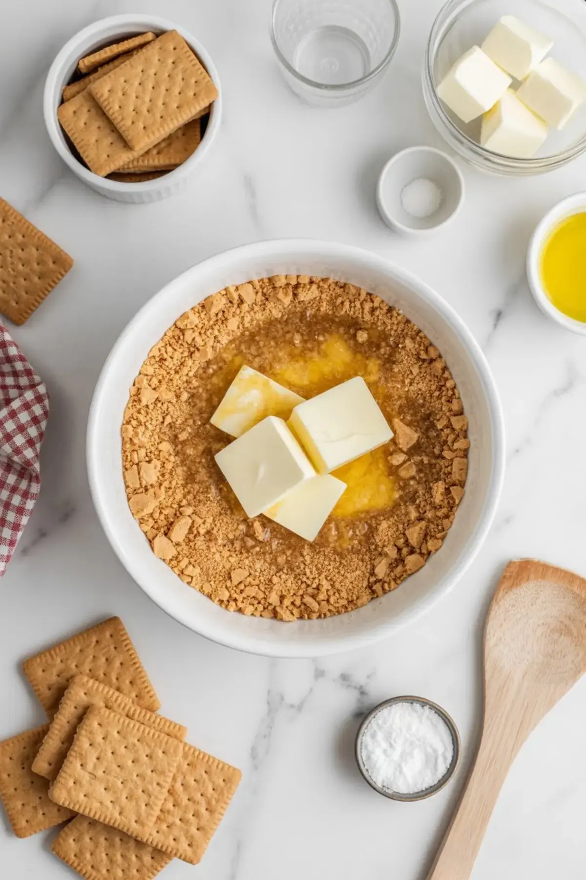 Top-down view of cheesecake crust ingredients including crushed graham crackers, cubes of butter, and melted butter in a mixing bowl, surrounded by extra crackers, sugar, and salt. A flat lay showcasing cheesecake packaging ideas and how to make a classic graham cracker crust base.
