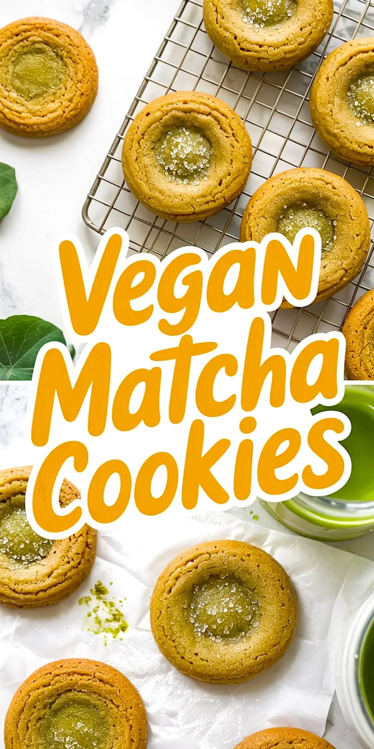 Overhead view of freshly baked vegan matcha cookies topped with sugar crystals on a cooling rack and parchment paper, next to matcha tea and bold text reading “Vegan Matcha Cookies.”