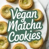 Round matcha cookies with sugar-dusted centers arranged in a circular pattern on a white marble platter, overlaid with bold text that reads “Vegan Matcha Cookies.”