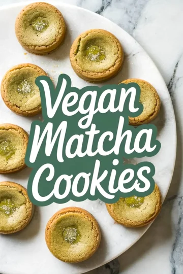 Round matcha cookies with sugar-dusted centers arranged in a circular pattern on a white marble platter, overlaid with bold text that reads “Vegan Matcha Cookies.”