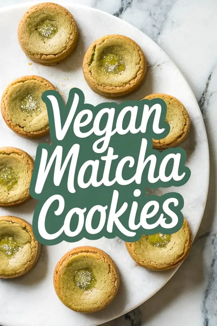Round matcha cookies with sugar-dusted centers arranged in a circular pattern on a white marble platter, overlaid with bold text that reads “Vegan Matcha Cookies.”