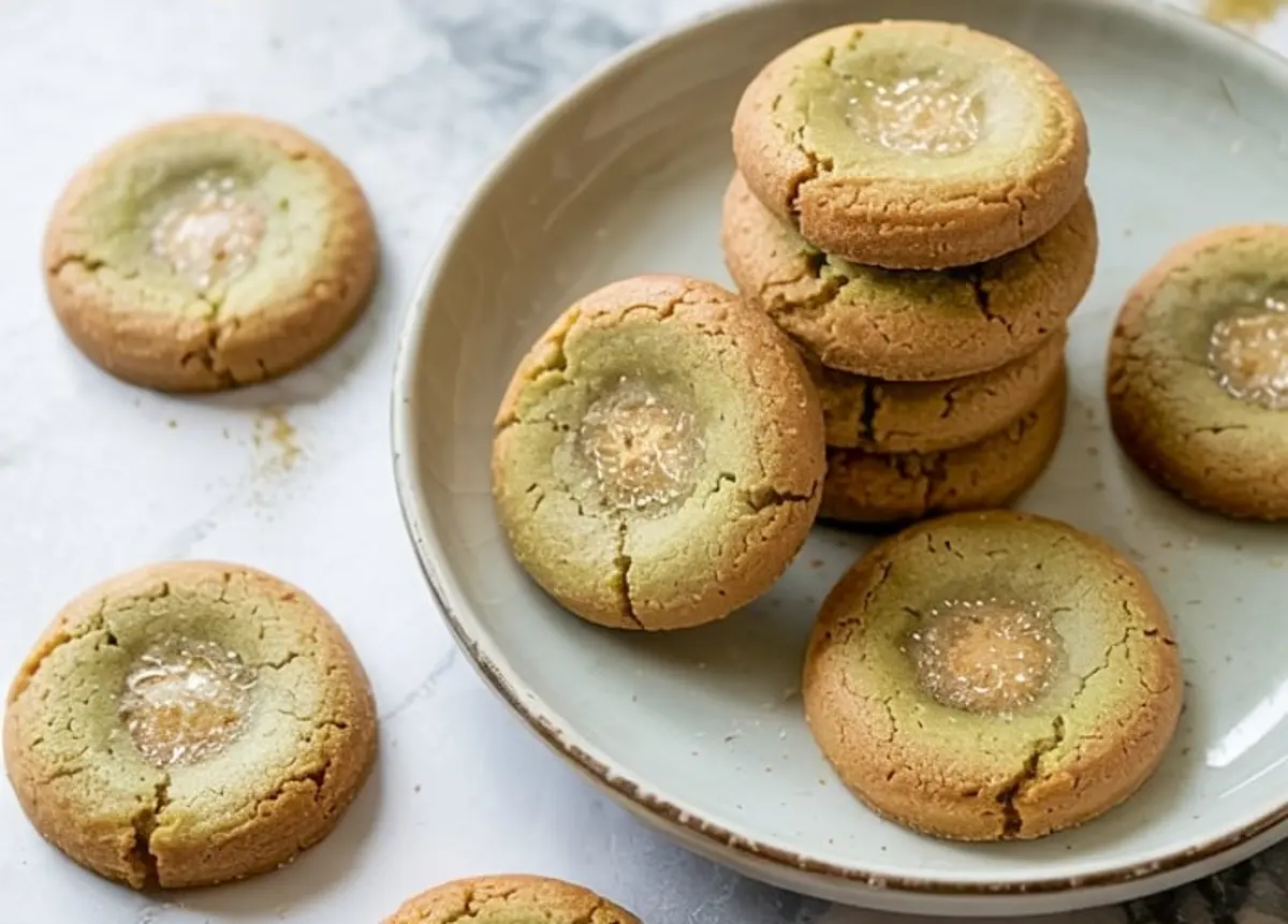 Plate stacked with golden brown matcha thumbprint cookies, featuring cracked edges and a shiny center, surrounded by scattered cookies on a marble background.