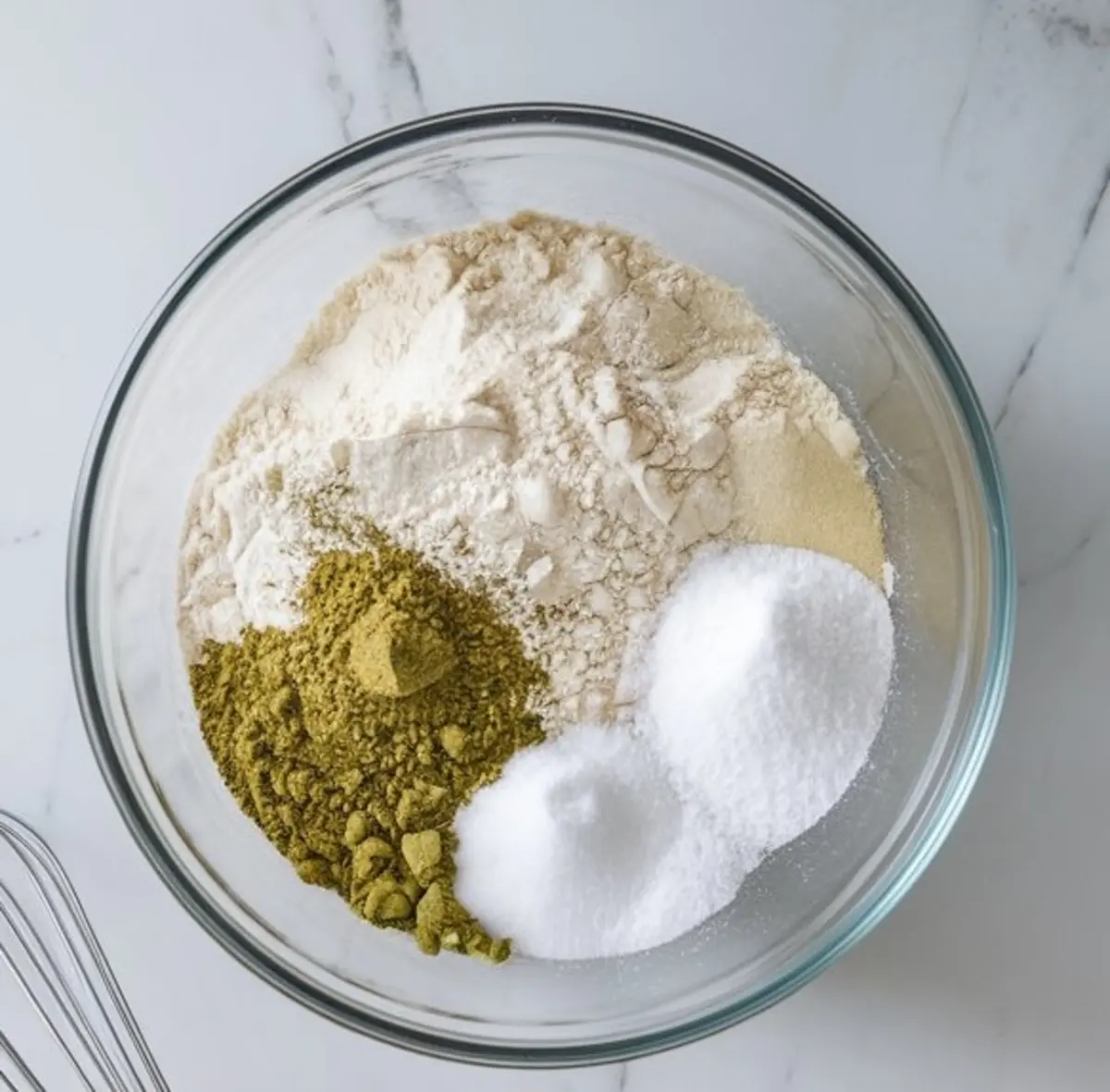 Clear mixing bowl containing dry ingredients for matcha cookies including matcha powder, flour, sugar, and baking soda, displayed on a light countertop.