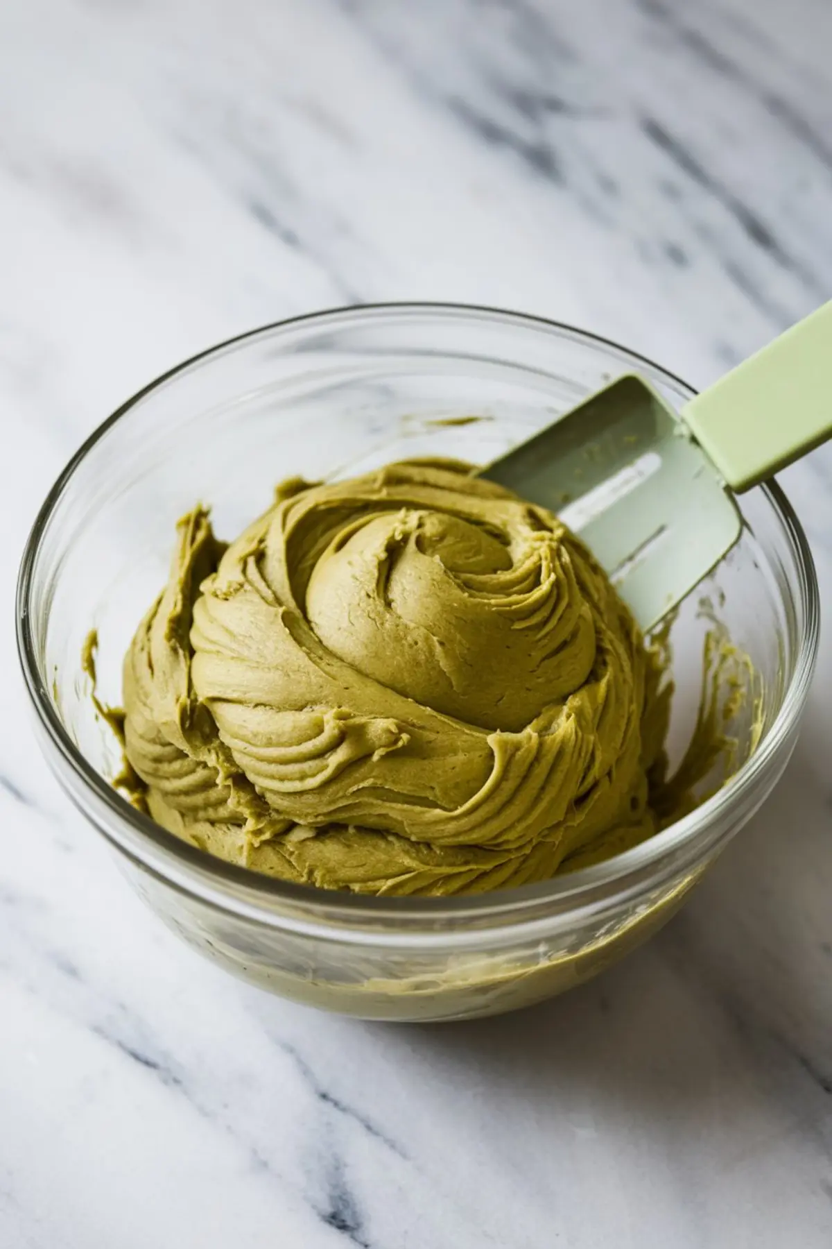Glass bowl filled with thick green matcha cookie dough, swirled smoothly with a silicone spatula, on a white marble surface.