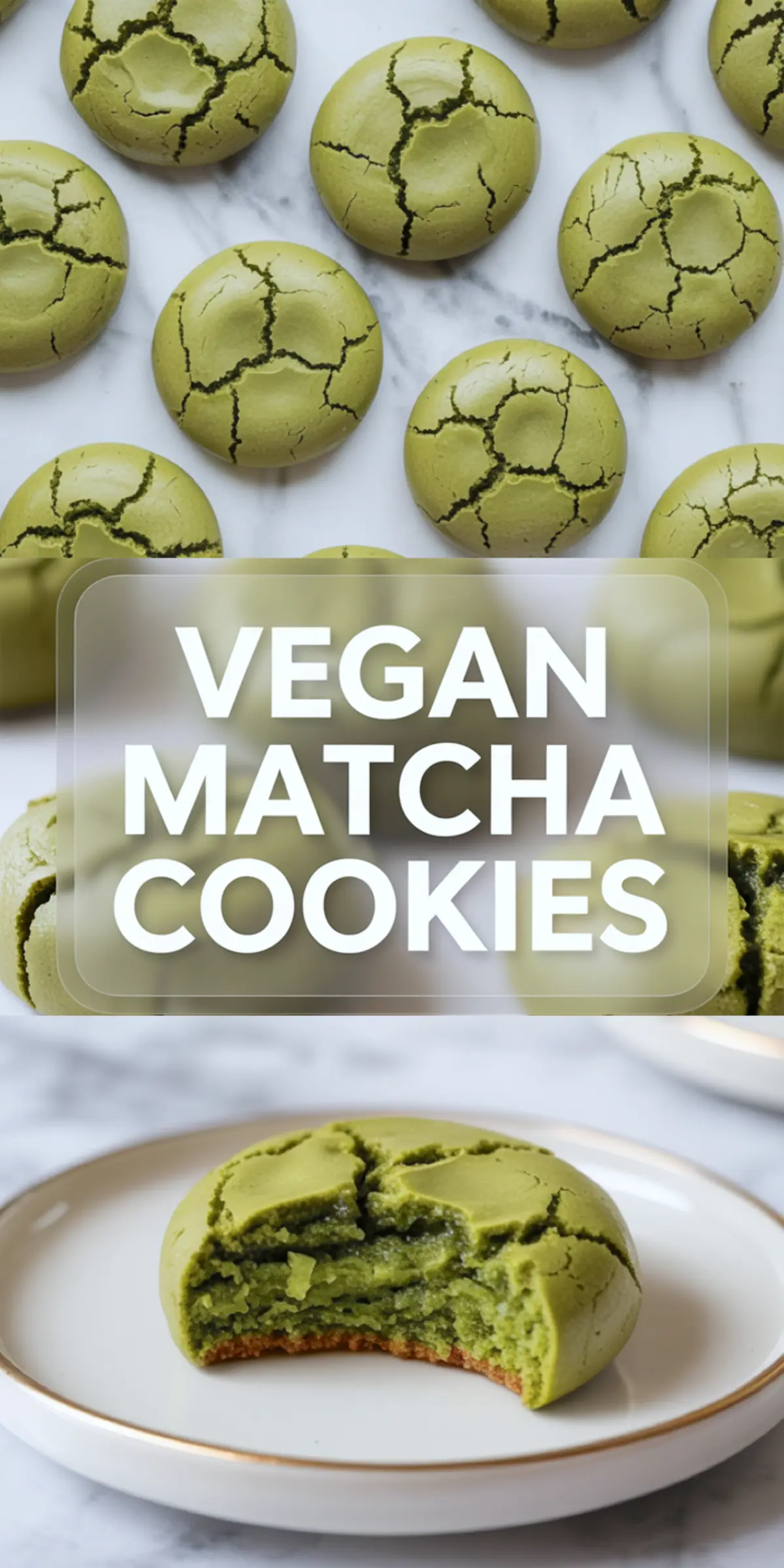 Arrangement of smooth-surfaced vegan matcha cookies with deep cracks and shiny tops, followed by a detailed view of a bitten cookie on a plate showing a fluffy, cake-like matcha interior and golden bottom. Text overlay reads “Vegan Matcha Cookies.” Bright natural lighting emphasizes the vibrant color and texture contrast.
