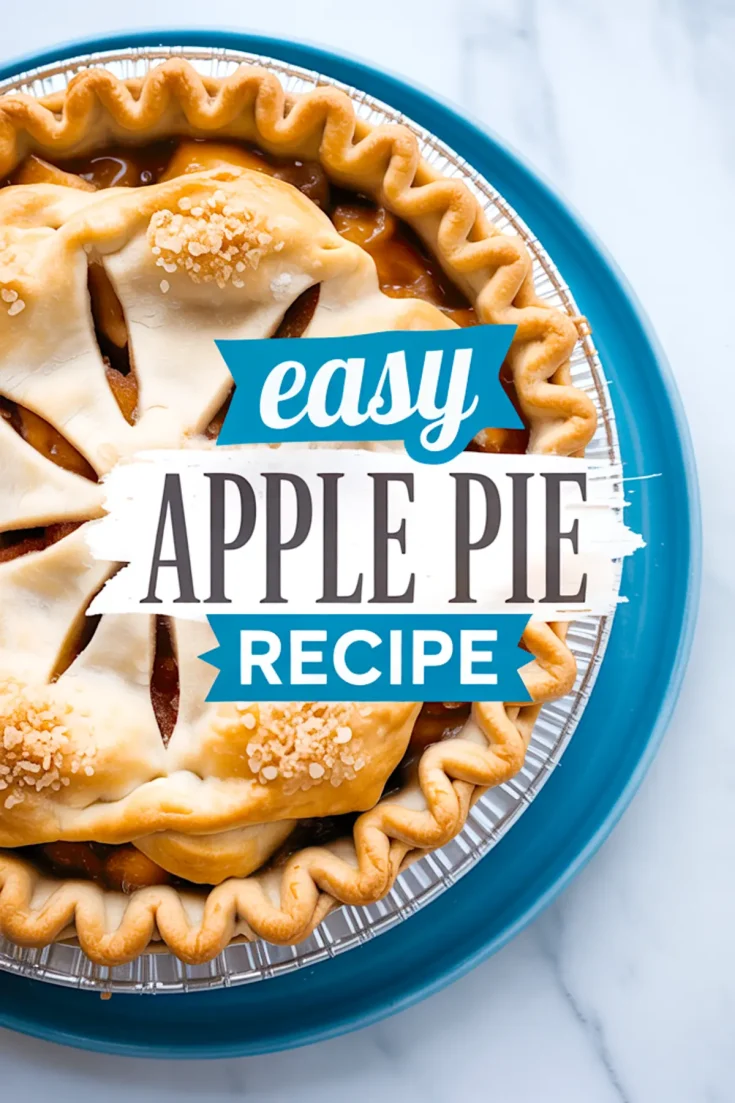 Top-down image of a fully baked apple pie with decorative vent cuts and sugar on the crust, labeled “Easy Apple Pie Recipe”—homestyle dessert with rustic charm and visible apple filling beneath the golden crust.