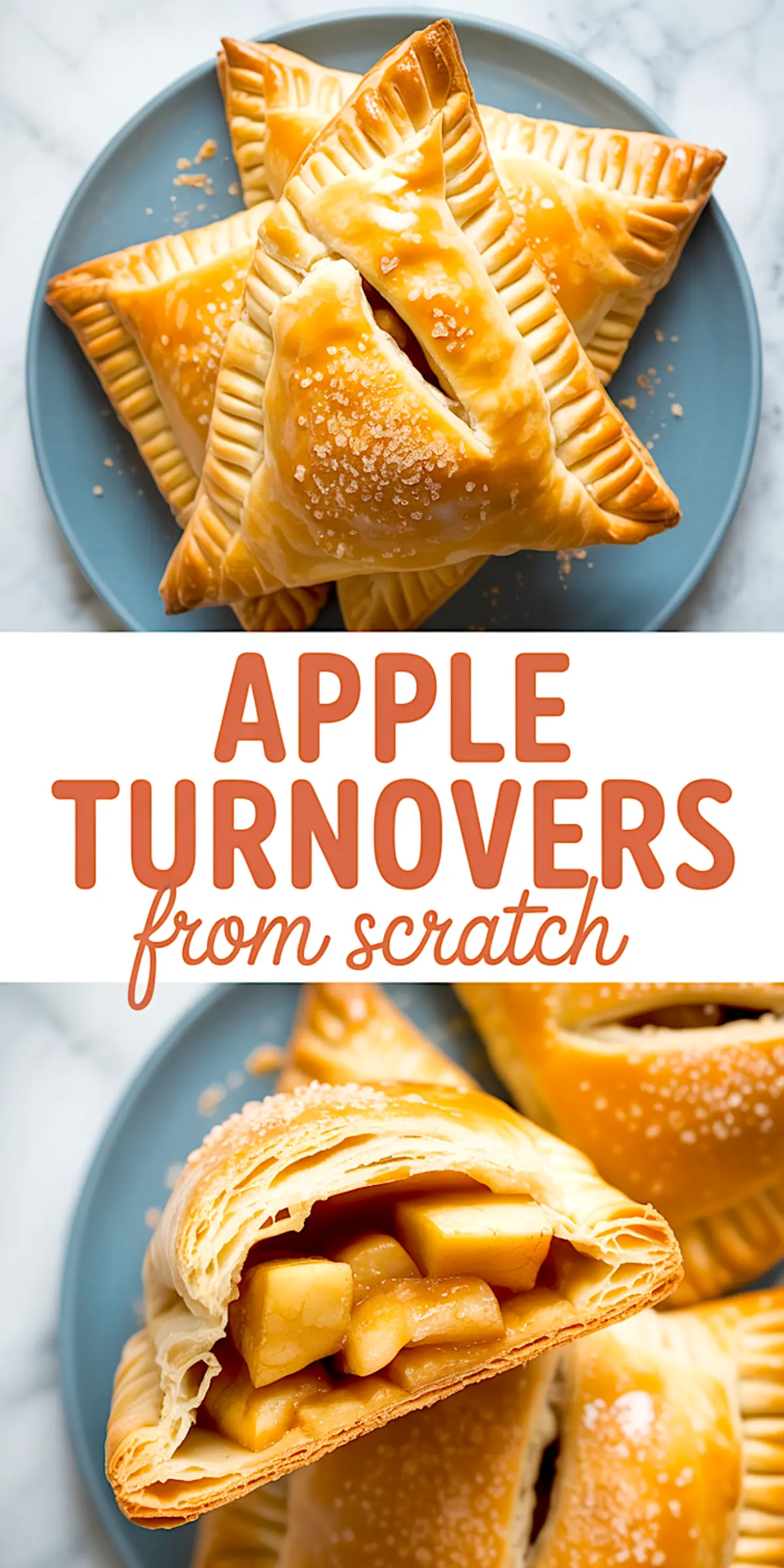 Homemade apple turnovers with a glossy finish and sugar sprinkle, arranged on a plate with the filling visible inside.