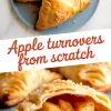 Close-up of a homemade apple turnover sliced open, revealing gooey apple filling inside layers of puff pastry.
