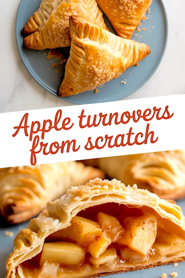 Close-up of a homemade apple turnover sliced open, revealing gooey apple filling inside layers of puff pastry.