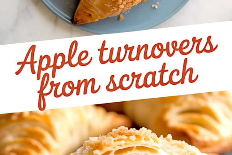 Close-up of a homemade apple turnover sliced open, revealing gooey apple filling inside layers of puff pastry.