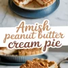 Homemade Amish peanut butter cream pie topped with peanut butter crumble, shown with a slice cut out to reveal creamy layers.