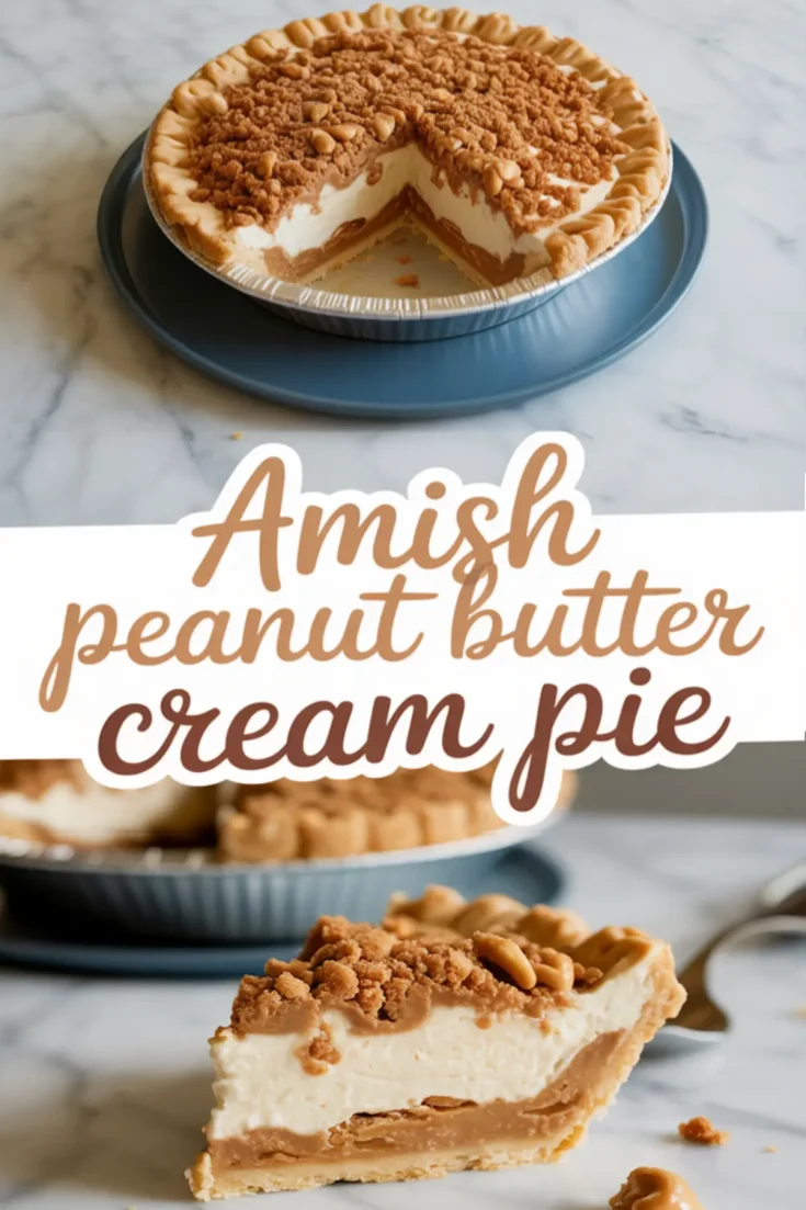 Homemade Amish peanut butter cream pie topped with peanut butter crumble, shown with a slice cut out to reveal creamy layers.