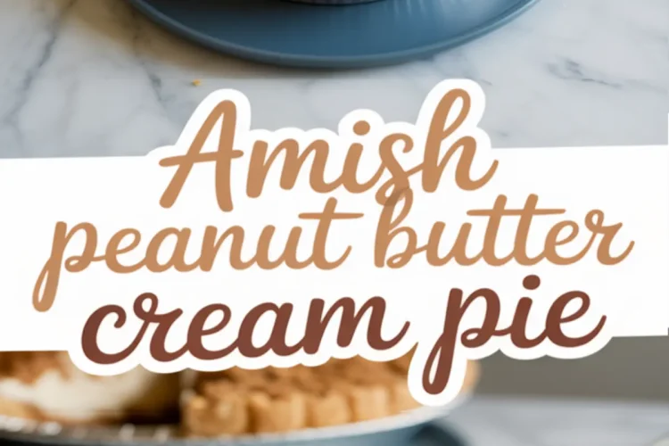 Homemade Amish peanut butter cream pie topped with peanut butter crumble, shown with a slice cut out to reveal creamy layers.