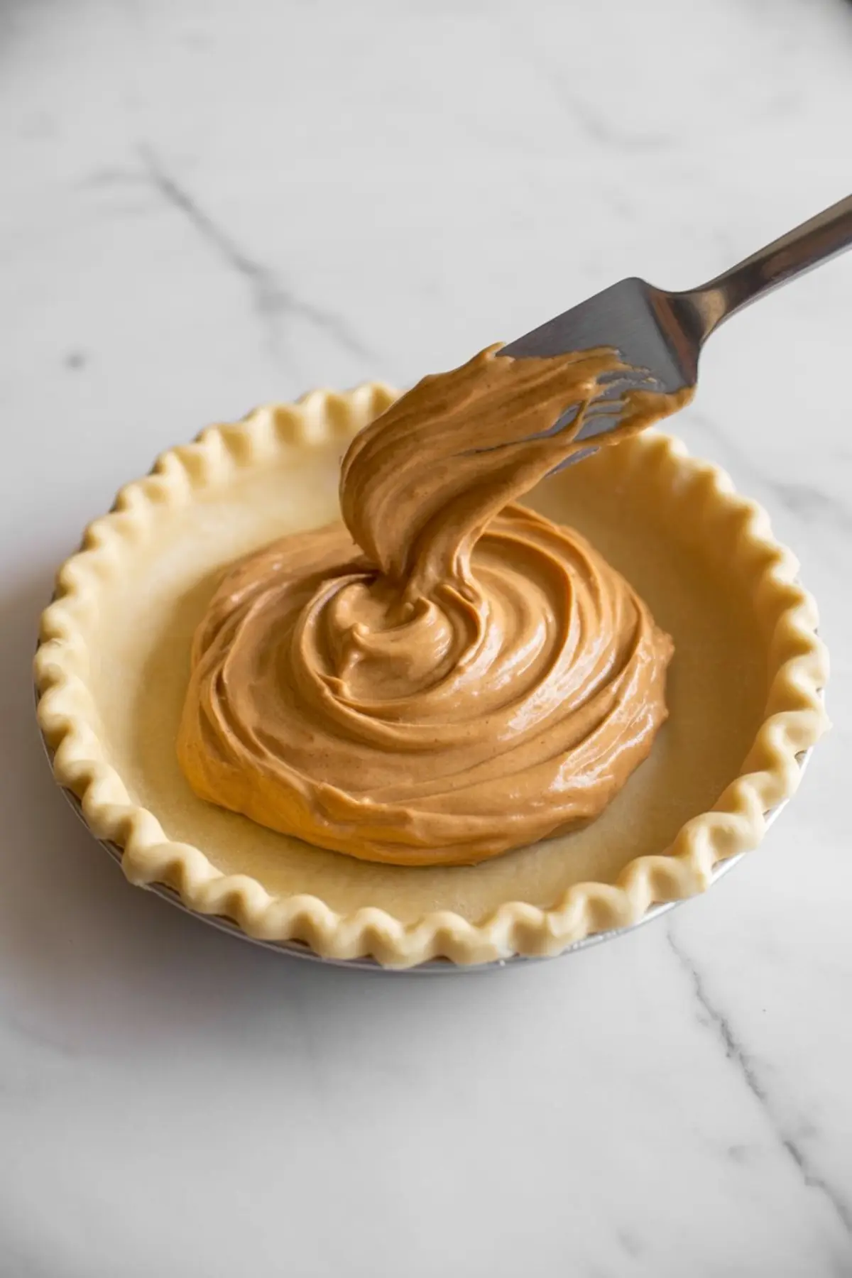 Unbaked pie crust being filled with smooth peanut butter cream using a spatula.
