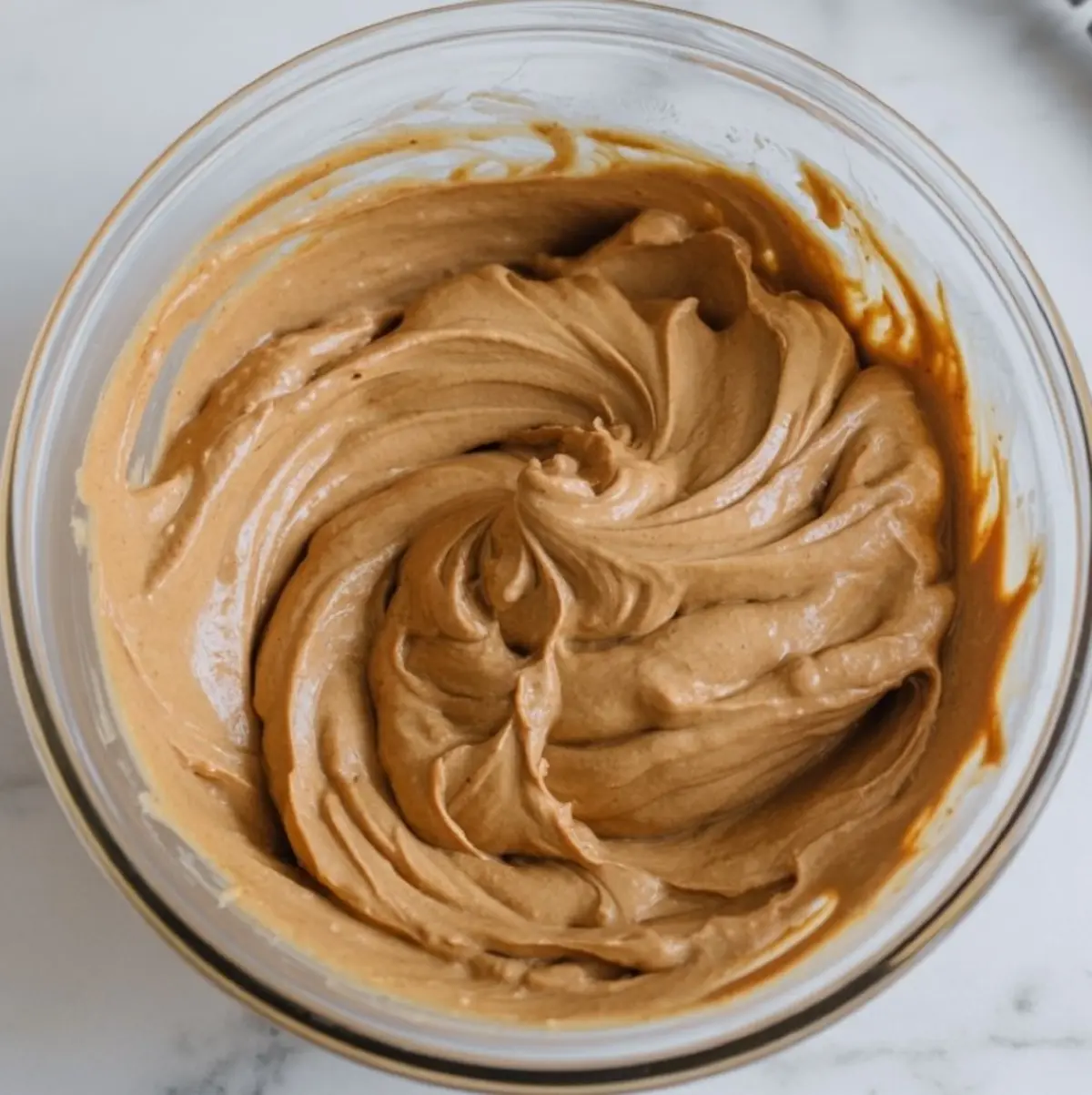 Creamy peanut butter pie filling in a glass mixing bowl with a smooth, whipped texture.
