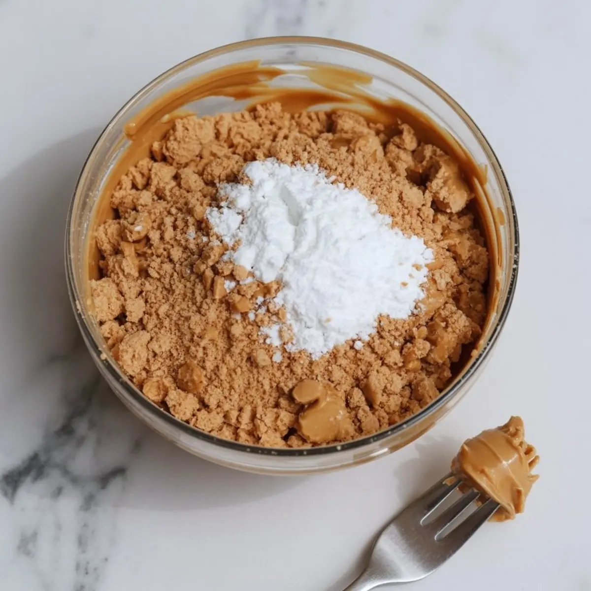 Glass bowl filled with creamy peanut butter, crushed peanut butter candies, and powdered sugar, ready to be mixed.
