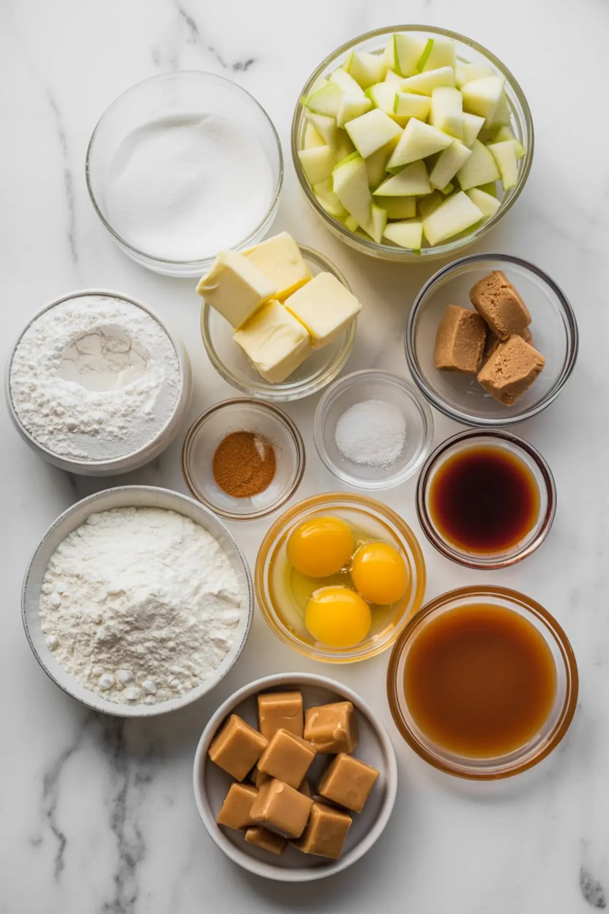 Overhead view of baking ingredients including cubed apples, butter, sugar, flour, eggs, caramel candies, vanilla extract, baking powder, cinnamon, and brown sugar on a marble surface.

