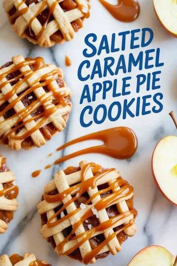 Flat lay of cookies with crisscross pie crust tops, oozing caramel and apple filling, text overlay reads “Salted Caramel Apple Pie Cookies,” one cookie has a bite taken out.