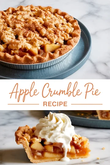 Collage image featuring a whole golden-brown apple crumble pie in a metal tin on top, and a slice on a plate below, filled with apple chunks, cinnamon filling, and whipped cream, with text “Apple Crumble Pie Recipe.”