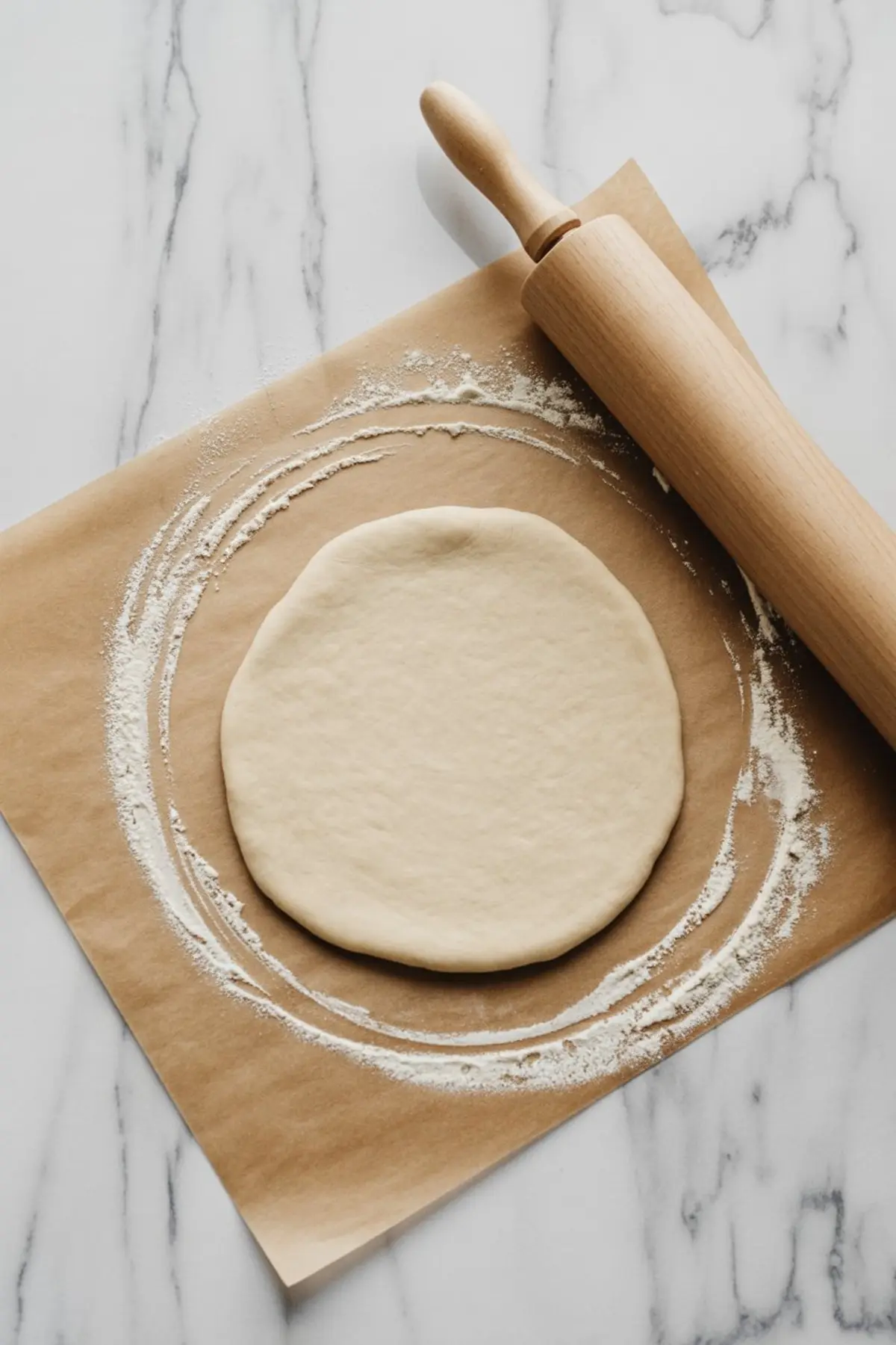 Disk of rolled-out galette dough on parchment paper sprinkled with flour, positioned beside a wooden rolling pin on a marble countertop.