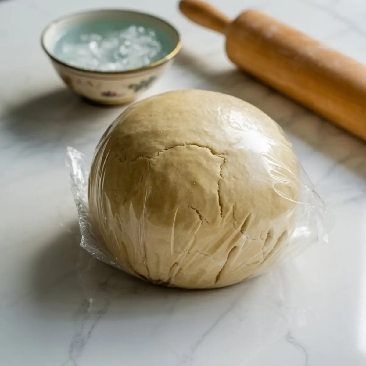 Ball of pastry dough wrapped in plastic wrap resting on a marble surface next to a bowl of ice water and a wooden rolling pin.