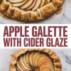 Two views of a rustic apple galette with cider glaze, showing caramelized apple slices in a spiral design on a sugar-crusted folded pastry crust.