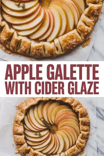 Two views of a rustic apple galette with cider glaze, showing caramelized apple slices in a spiral design on a sugar-crusted folded pastry crust.