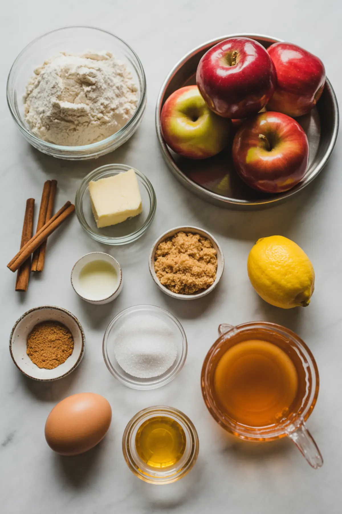 Baking ingredients for an apple galette laid out on a marble surface, including fresh apples, flour, butter, brown sugar, cinnamon sticks, lemon, egg, and apple cider.